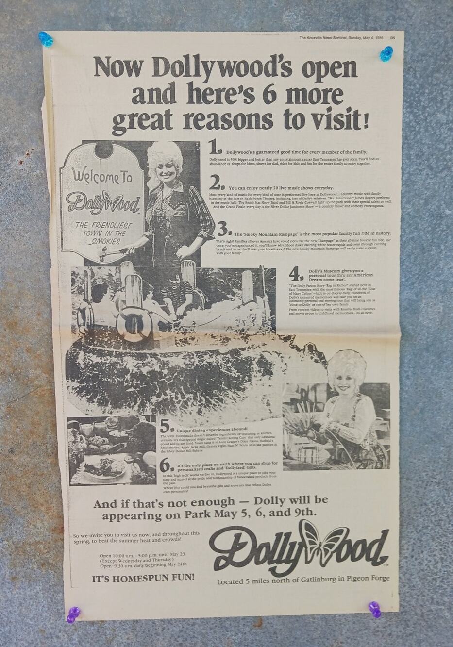 1986 Dollywood Grand Opening Newspaper Ad Dolly Parton Pigeon Forge TN